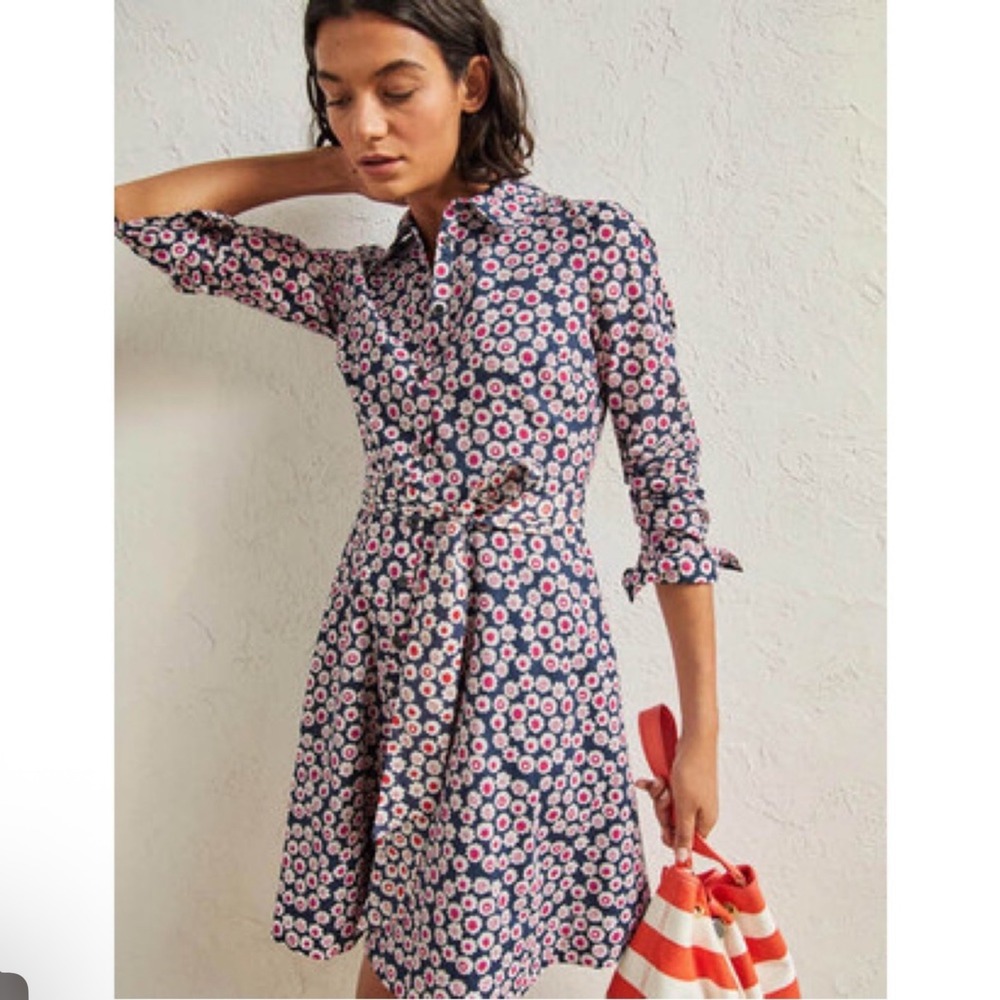 Boden Kitty Shirt Dress Navy Blue Red Daisy Floral US 6 R 6 Pockets Retro Mod